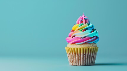 A cheerful cupcake with colorful frosting on a solid background