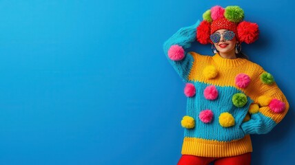 Fototapeta premium A colorful, playful woman poses in a vibrant, pom-pom adorned sweater against a bright blue background.