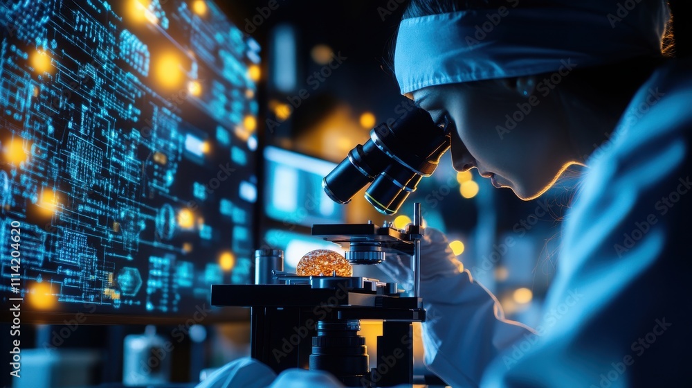 Aufkleber a scientist examines a sample under a microscope, surrounded by advanced technology and data visuals