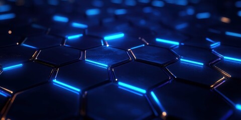 Obraz premium Graphical representation of digital technologies with blue hexagonal elements glowing icons and a high-tech feel modern and clean design