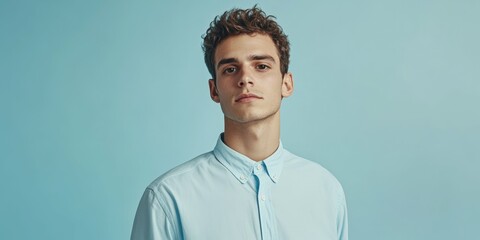 Obraz premium Young man with a thoughtful expression wearing a light blue shirt standing against a clean light blue background studio lighting
