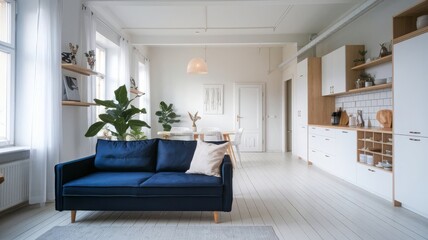 Modern Minimalist Living Room with Stylish Kitchen and Natural Light. Bright and airy minimalist living room featuring a navy blue sofa, wooden shelves, and a contemporary kitchen design.