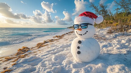 Obraz premium Sandy snowman wearing sunglasses and a santa hat is enjoying a sunny christmas on a tropical beach