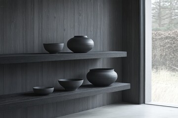 Artistic display of black pottery on minimalist shelves modern interior still life calm environment close-up perspective
