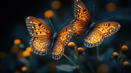 Obraz premium Two luminous butterflies hover near yellow flowers at dusk.
