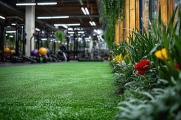 Gym workout space with lush greenery and modern equipment urban fitness center interior design motivational atmosphere