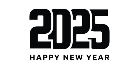 2025 Happy New Year text design on white background
