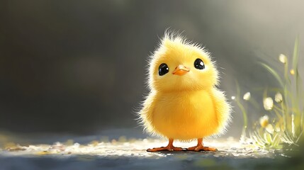 Adorable fluffy yellow chick standing on a rock, bathed in sunlight.