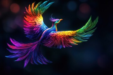 Fototapeta premium A rainbow phoenix soaring over a dark background.