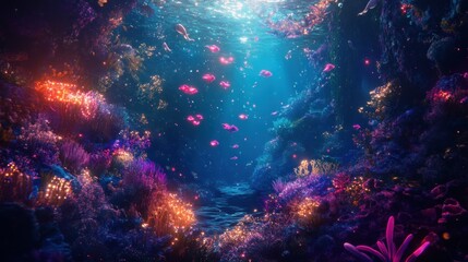 A surreal underwater scene with glowing sea creatures.