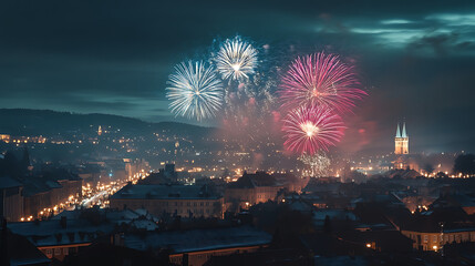 Fototapeta premium Silhouettes Celebrating Under Vibrant Fireworks Display at Sunset Beach