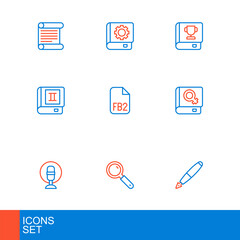 Set line Fountain pen nib, Magnifying glass, Microphone, Book about women, FB2 File, and User manual icon. Vector