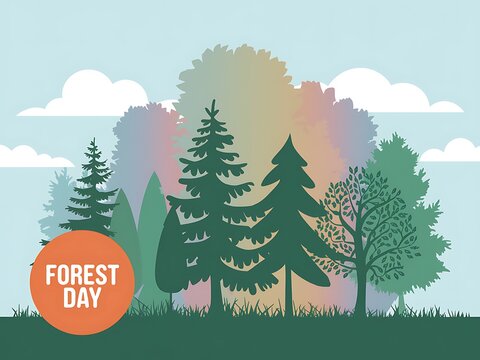 A Forest Day illustration depicting various trees and a sky