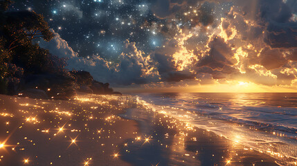 Cosmic Beach Scene with Glowing Sand Under a Starry Sky Featuring Vibrant Sunsets and Enchanting Cloud Formations