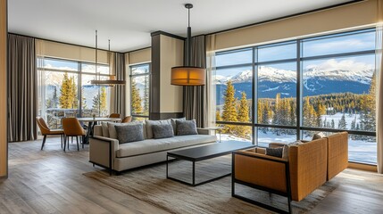 Cozy living room with panoramic mountain view.