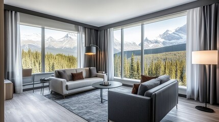 Obraz premium Modern living room with panoramic mountain view