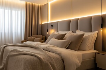Modern bedroom interior with cozy lighting and plush bedding