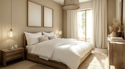 Cozy bedroom interior with warm light and modern decor