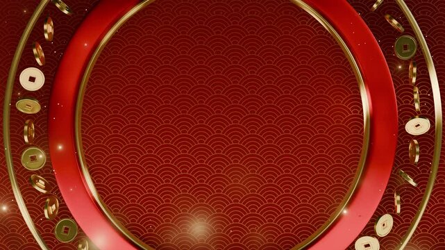 Red and gold circular frame with falling Chinese coins on traditional wave pattern background. Digital illustration with copy space for design and print. Chinese New Year celebration concept.