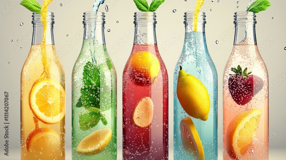 Poster row of five bottles of fruit juice with a green leaf on top. the bottles are filled with different c