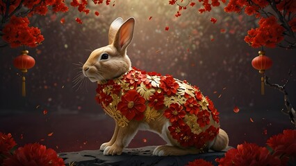 2023 is the year of the rabbit in Chinese New Year. Rabbit with red flowers and gold coat. AI that is generative