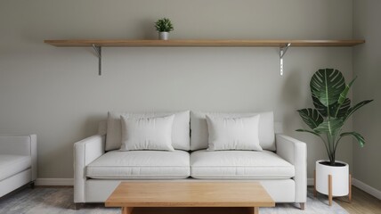 Modern Living Room with Neutral Decor and Stylish Furniture. Inviting modern living room featuring a light sofa, wooden shelf, and decorative plants. Perfect for home design inspiration.