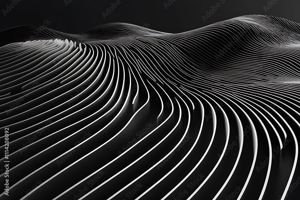 Poster Abstract grayscale landscape with flowing lines and curves.