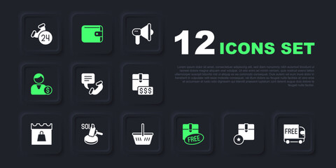 Set Carton cardboard box, Free delivery service, Telephone 24 hours support, Cardboard with free symbol, Buyer, Auction hammer, Wallet and Shopping basket icon. Vector
