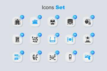 Set USB flash drive, Neural network, Exclamation mark in triangle, Speech bubble chat, Futuristic weapon, Hologram, sliding doors and Smart glasses spectacles icon. Vector