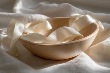 Elegant wooden bowl with satin ribbon soft fabric setting still life natural light aesthetic composition
