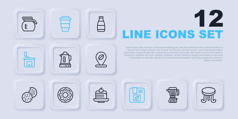 Set line Coffee maker moca pot, table, Electric kettle, Bag coffee beans, Manual grinder, Donut, cup to go and Piece cake icon. Vector