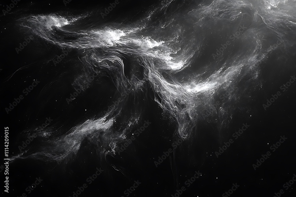 Poster abstract grayscale nebula swirls in space.
