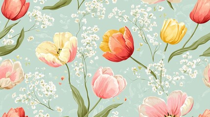 Bright and colorful tulips with delicate baby breath flowers on a mint green background