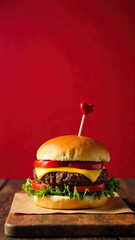 Juicy burger with a wooden heart-shaped skewer stuck into it, placed on a wooden surface with an empty red background. Romantic concept of Valentine's Day. With copy space