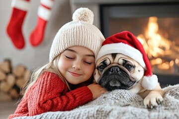 A smiling child with a pug in a Santa hat relaxing by a warm fireplace, surrounded by festive holiday decorations.