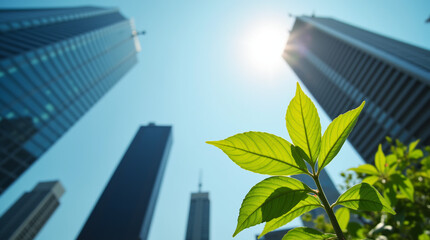 Vibrant Green Plant Framed by Sunlit Skyscrapers and Clear Blue Sky
