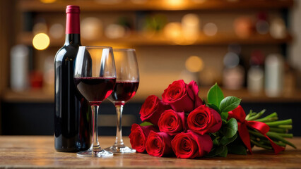A bottle of red wine with two glasses and a bouquet of red roses on a wooden table, set against a blurred kitchen interior with lights. Concept of romantic holiday