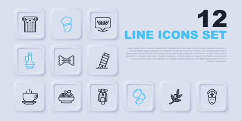 Set line Olives branch, Pope, Macaroni, Bottle of olive oil, Pasta spaghetti, Italian cook and Scooter icon. Vector