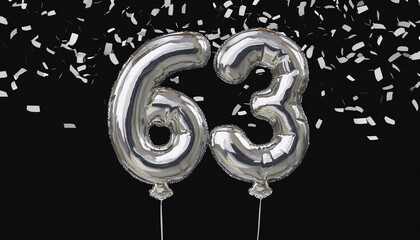 Obraz premium Silver birthday / anniversary balloon, number 63, black background with confetti