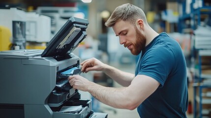 man worker repairing printer in business office