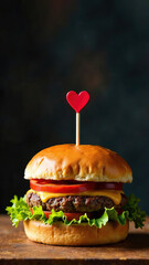 Juicy burger with a wooden heart-shaped skewer stuck into it, placed on a wooden surface with an empty blurred background. Romantic concept of Valentine's Day. With copy space