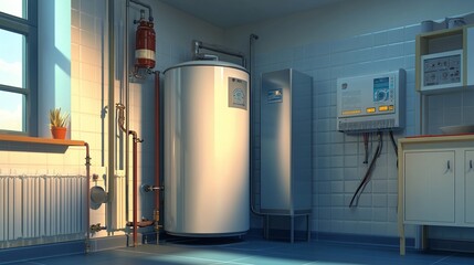Modern heating system with boiler, water heater and pipes in boiler room