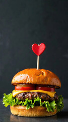 Juicy burger with a wooden heart-shaped skewer stuck into it, placed on an empty dark blue surface with a blurred background. Romantic concept of Valentine's Day. With copy space