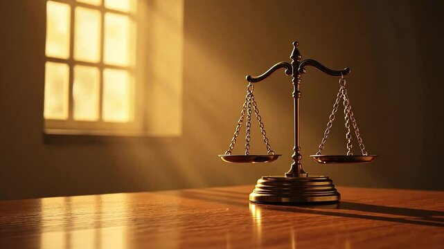 Golden antique metal scales of justice on a table with a window in the background, golden light, backward dolly push out