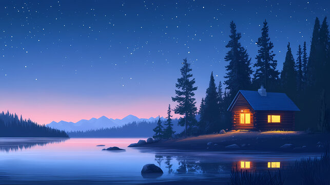 Warm and inviting cabin by a lake at night, dim lights illuminating the interior, unexpected elements adding intrigue to the scene. Solitude. Illustration