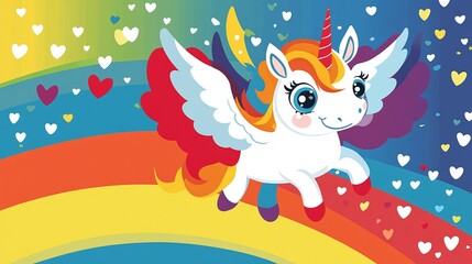 Naklejka premium Pegasus unicorn with big sparkling eyes flying under a rainbow with a trail hearts