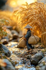 Fototapeta premium Figurine of Asian farmer carrying harvest near flowing stream at sunset