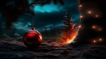 Rote Weihnachtskugel an beleuchtetem Baum, magische Winterstimmung