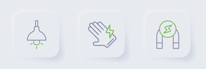 Set line Magnet, Electric glove and Lamp hanging icon. Vector