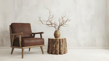 Contemporary Living Room with Cozy Armchair and Natural Decor. A stylish armchair next to a rustic wooden table adorned with a vase and twigs, perfect for modern interior design.